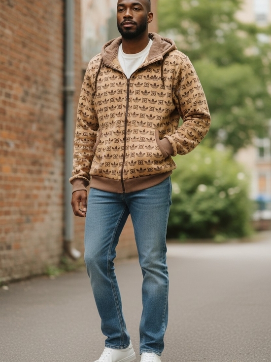 adidas Other - adidas Brown Patterned Fleece-Lined Zip Hoodie Jacket